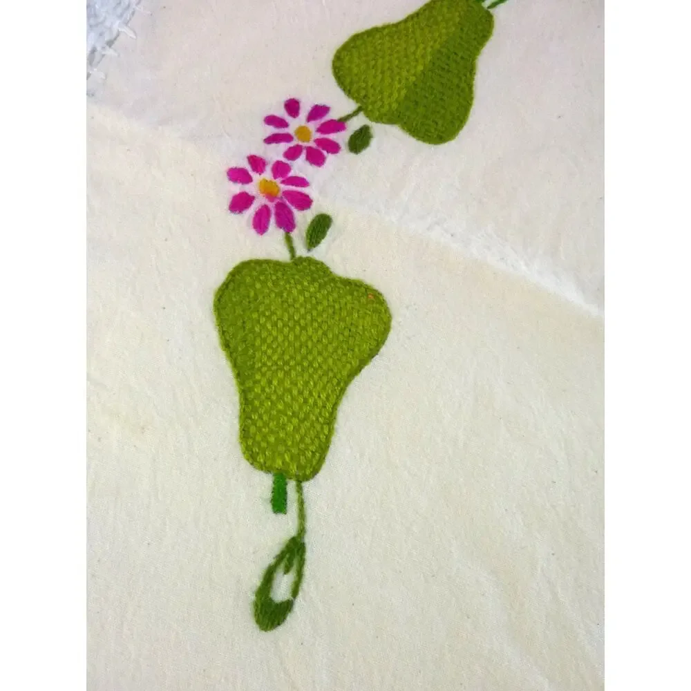 Vintage Embroidered Placemats Large Napkins Set of 2 Pear and Flower 60's 70's